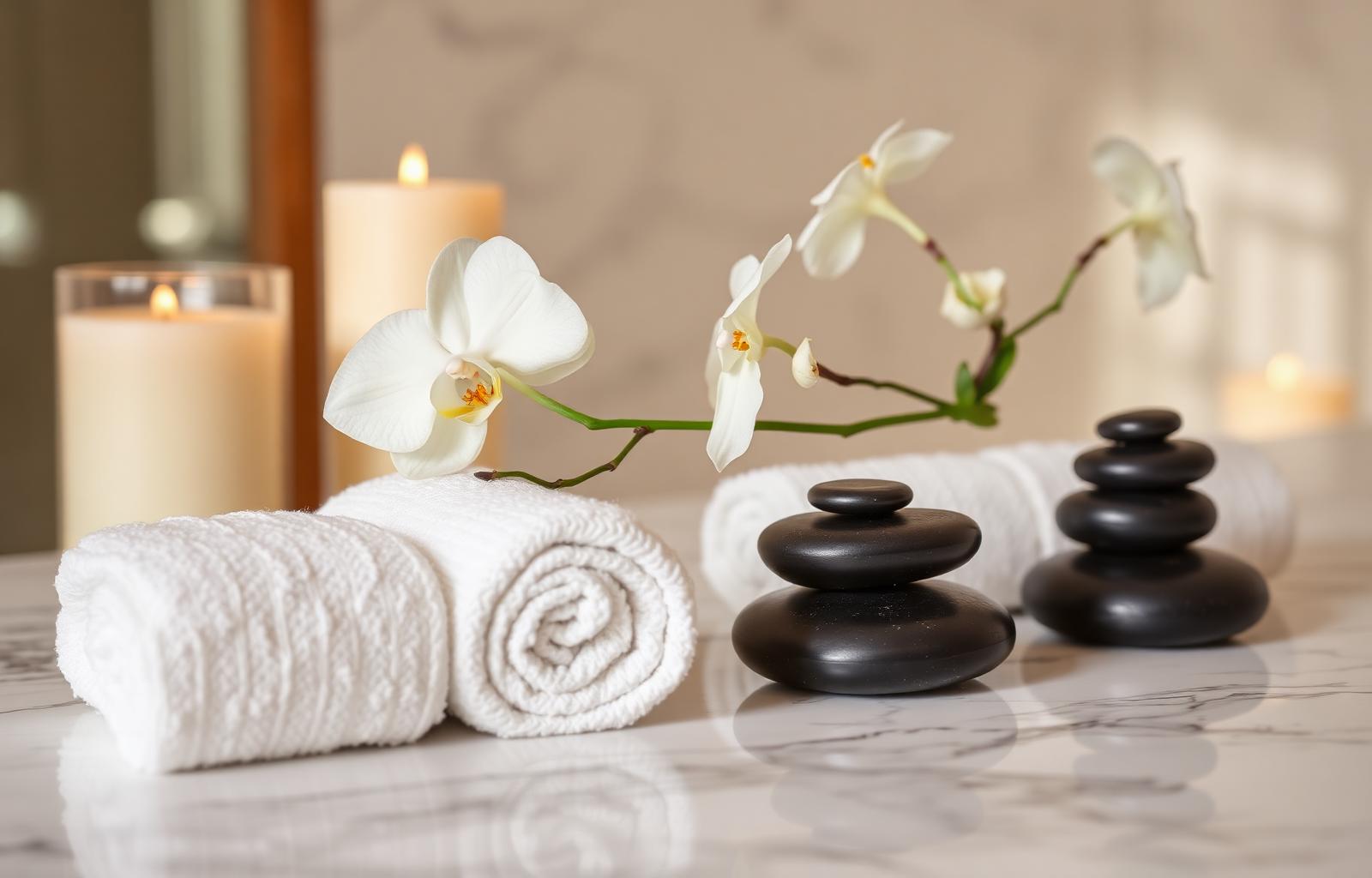Serene spa setting with candles and stones